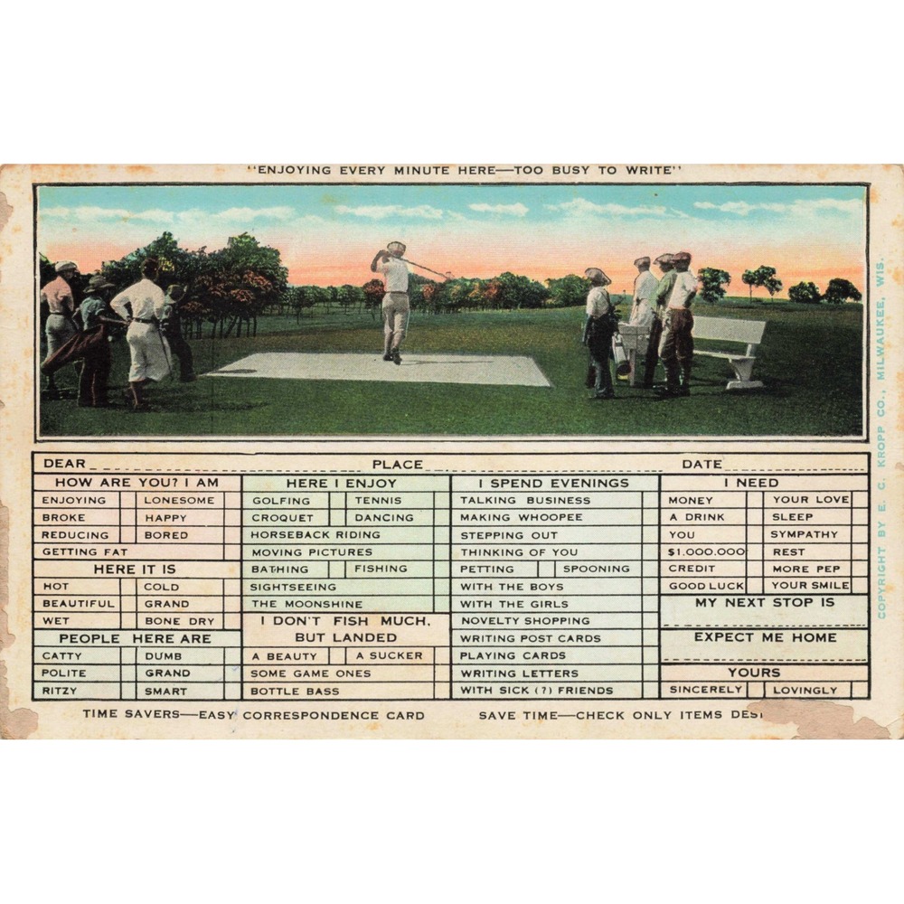E.C. Kropp Linen Postcard Golf Humor Time Savers Checklist Milwaukee WI c1930s - Picture 1 of 2